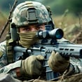 The image depicts a military sniper in a camouflaged uniform expertly blending into a rugged natural environment With a keen focus the sniper is positioned behind a makeshift hide peering through the scope of a highprecision rifle His face is partial-1